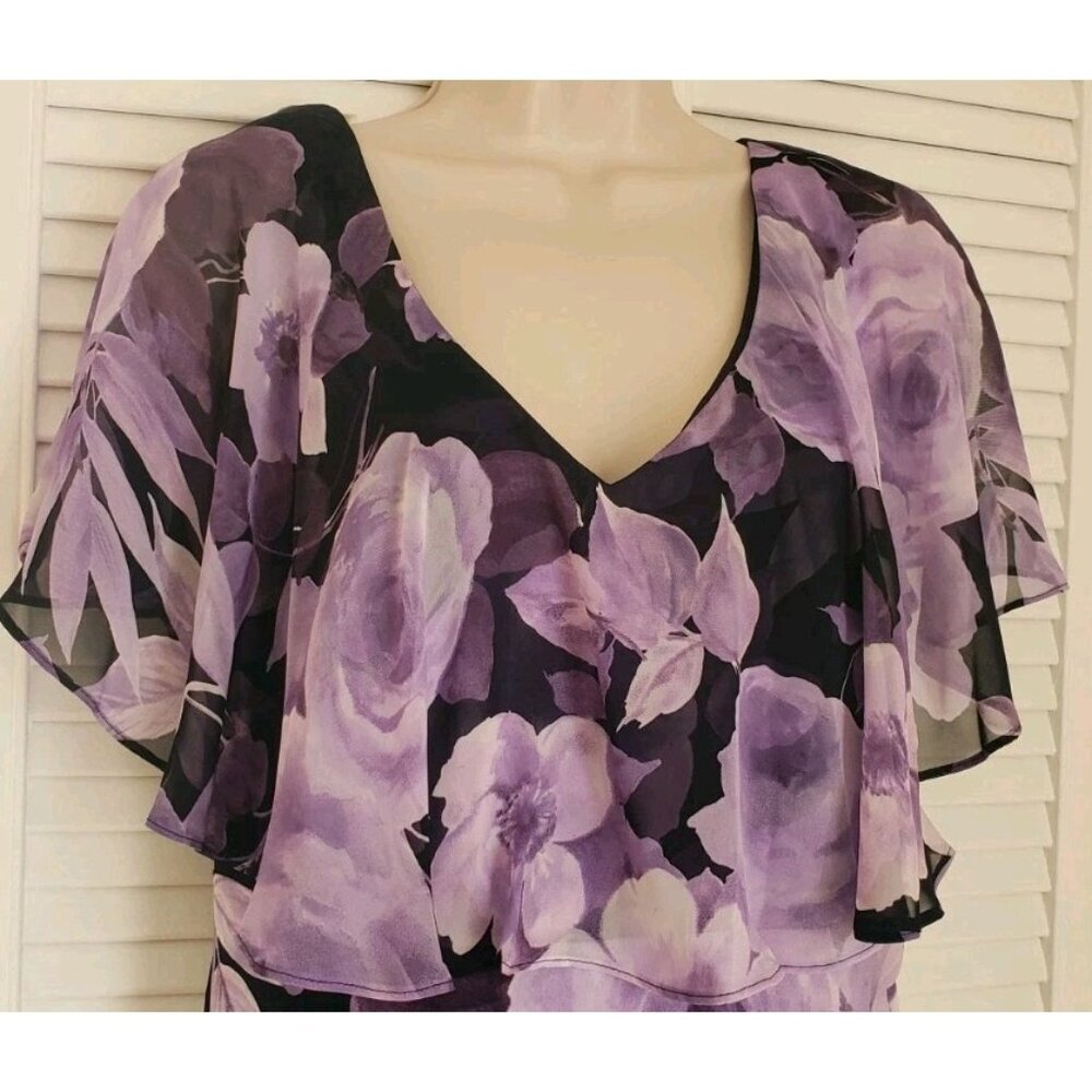 NEW CONNECTED APPAREL LILAC FLORAL CHIFFON CAPE MIDI DRESS SZ 14 - Picture 3 of 6